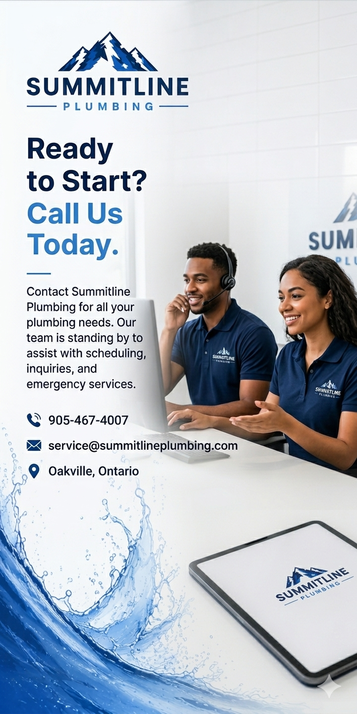 Advertisement for Summitle Plumbing featuring two customer service representatives in blue uniforms, contact information, and a logo with mountain image.