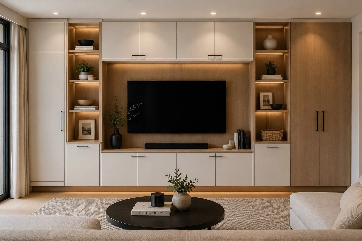 Modern living room with built-in wooden and white cabinetry, a large flat-screen TV, decor including vases, books, and pictures, a round black coffee table, a beige sofa, and sliding glass doors with curtains.