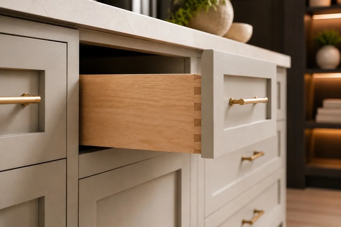A close-up view of a light gray cabinet with a wooden drawer partially pulled out, showcasing the dovetail joints. The cabinet has gold-colored handles and is decorated with potted plants on the countertop.