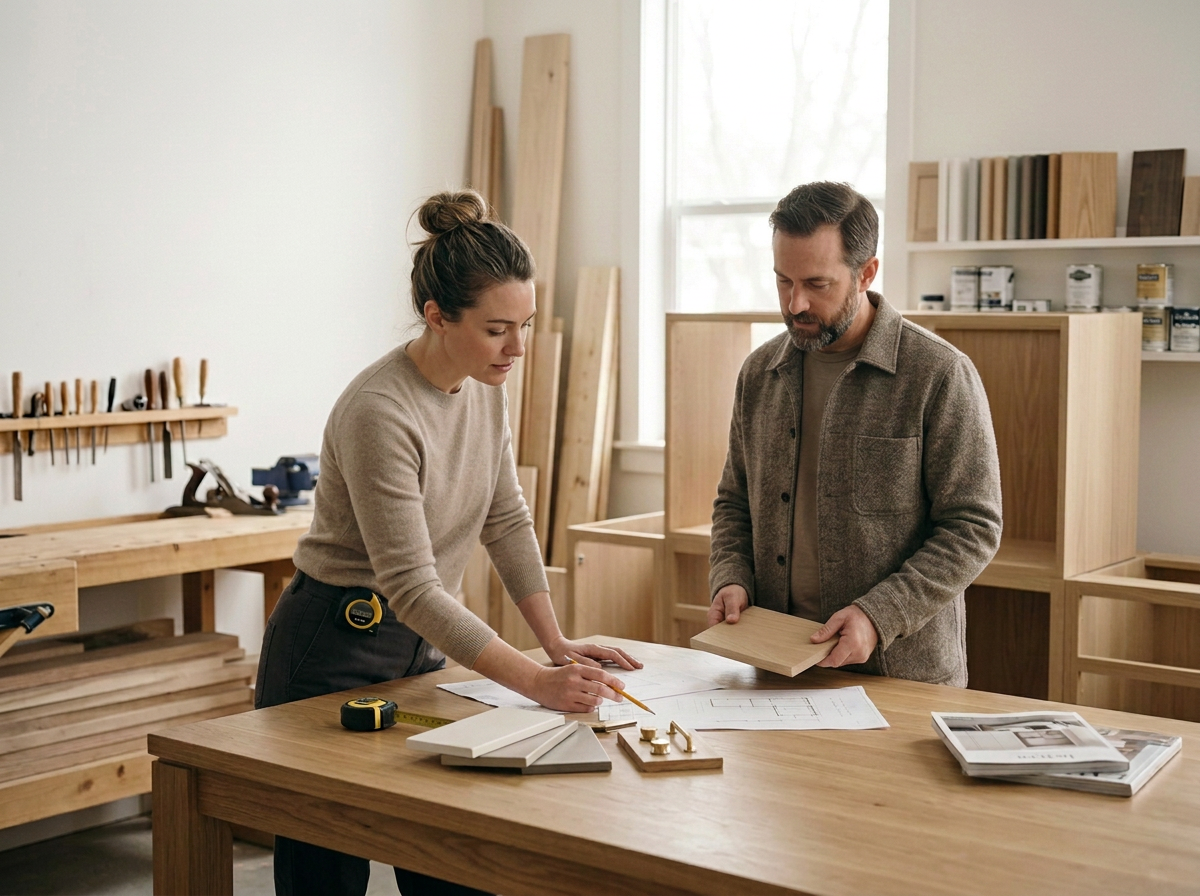 Two people in a woodworking shop examining wood samples and blueprints on a table.