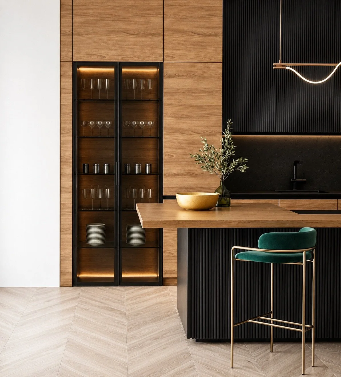 Modern kitchen with wood cabinetry, glassware display case, black accents, and a green velvet barstool at a wooden island.