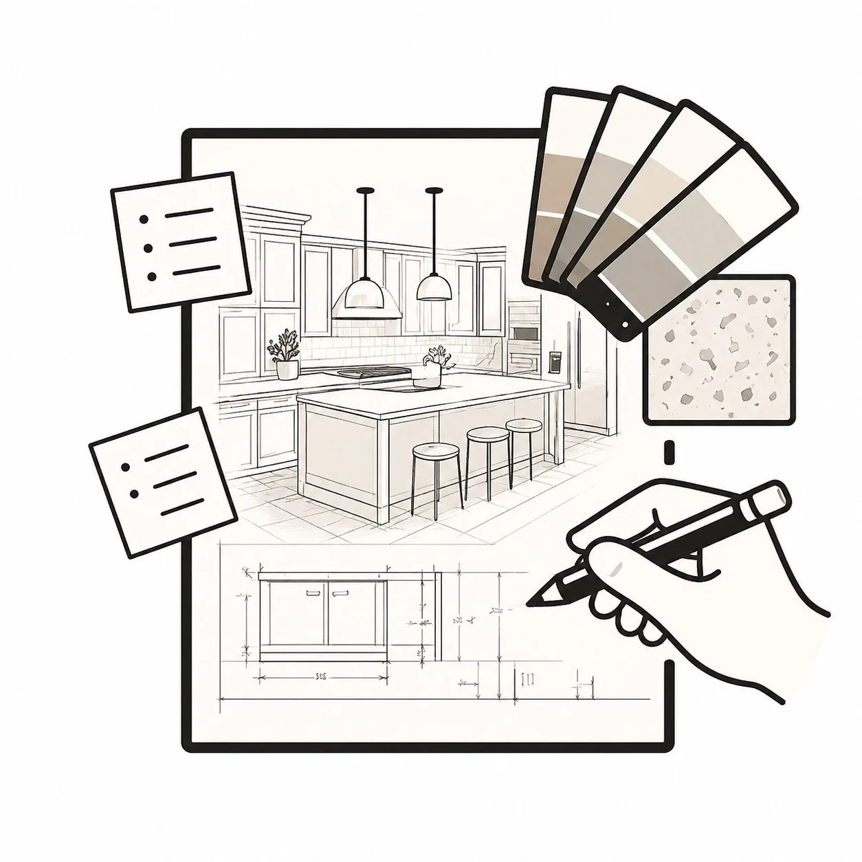 A black and white digital sketch of a modern kitchen with an island, pendant lights, and bar stools, surrounded by design elements like color swatches, sample materials, a pencil drawing, and checklists, suggesting interior design planning.