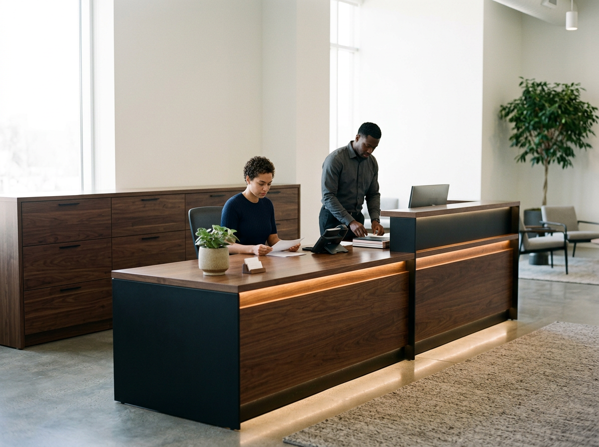 A man and a woman working at a modern office reception desk with a potted plant, a computer, and some documents.