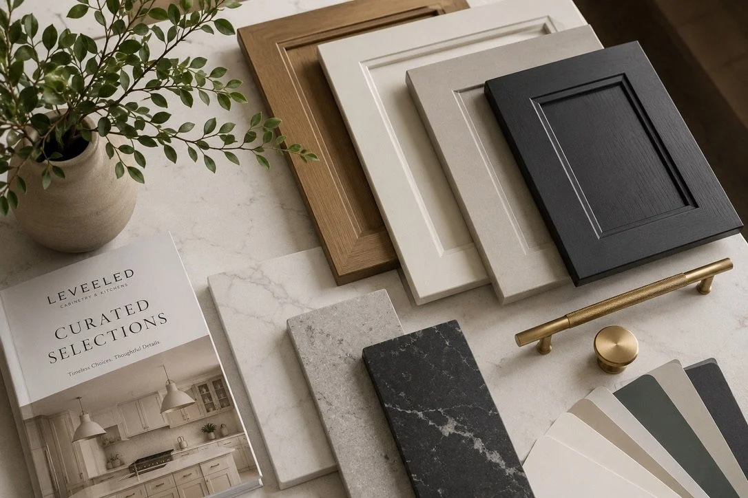 Sample cabinet door options, color swatches, hardware, and interior design brochure on a marble surface with a potted plant.