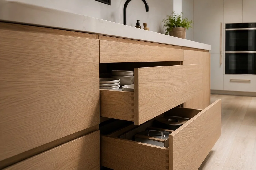 Open kitchen drawers in a modern kitchen, containing neatly stacked white plates and cooking pans.