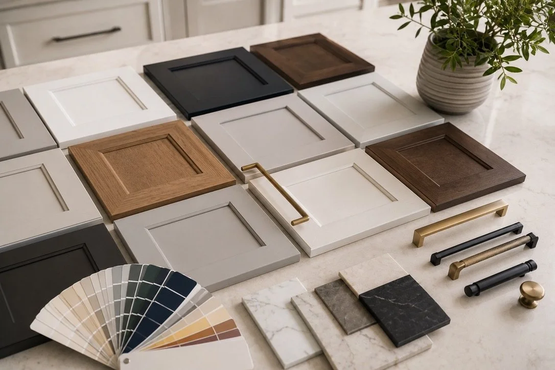 Sample cabinet doors, drawer handles, and material swatches on a kitchen countertop, with a potted plant in the background.