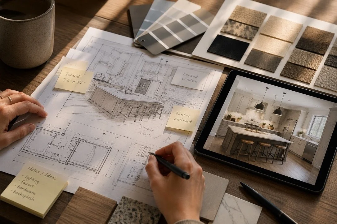Design plans for a kitchen renovation, featuring blueprints, paint samples, fabric swatches, and notes on different elements like cabinets and lighting, alongside a tablet displaying a photo of a modern kitchen.