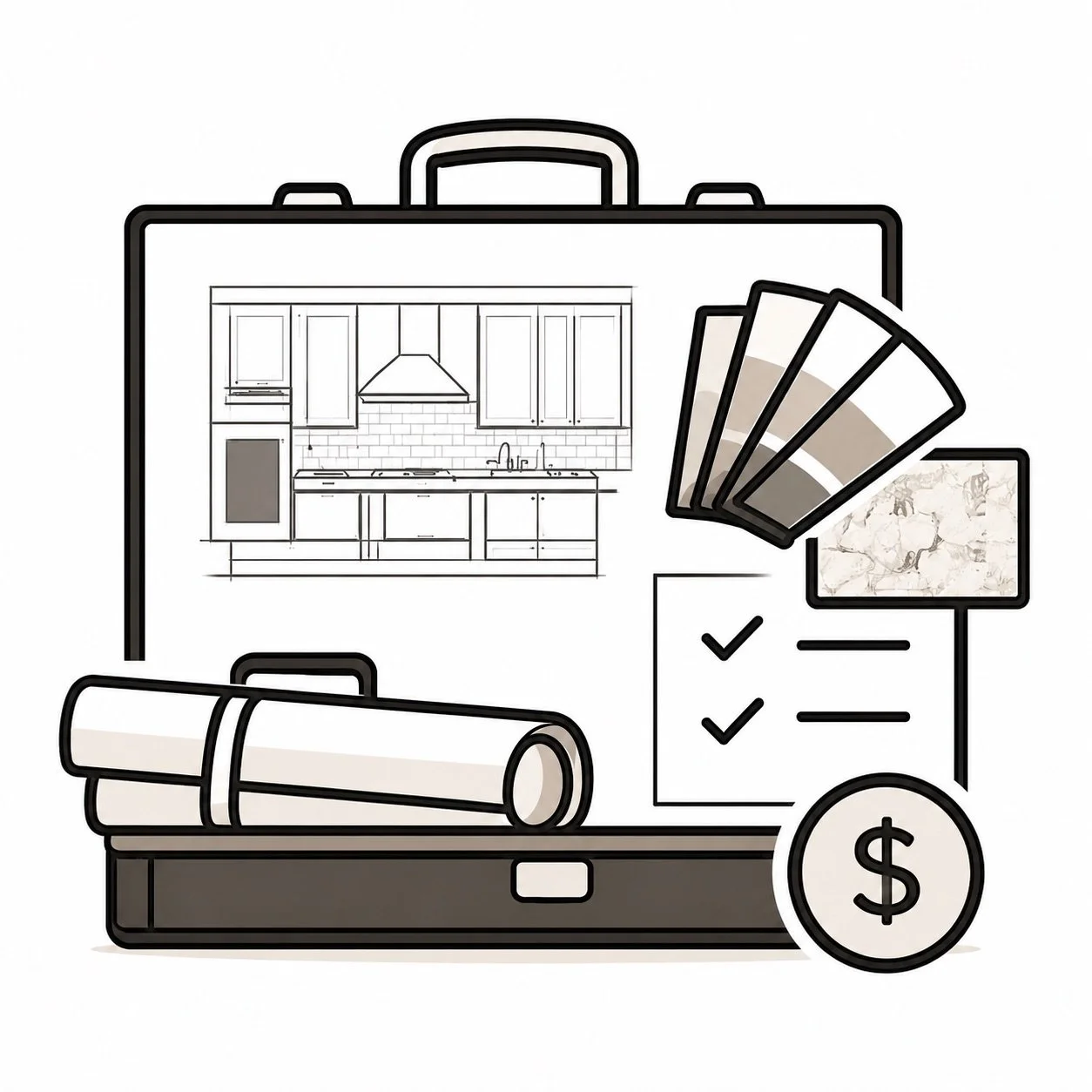 A digital illustration of a suitcase filled with kitchen design elements, color swatches, checkmarks, a roll of blueprint paper, a dollar coin, and a kitchen interior sketch.
