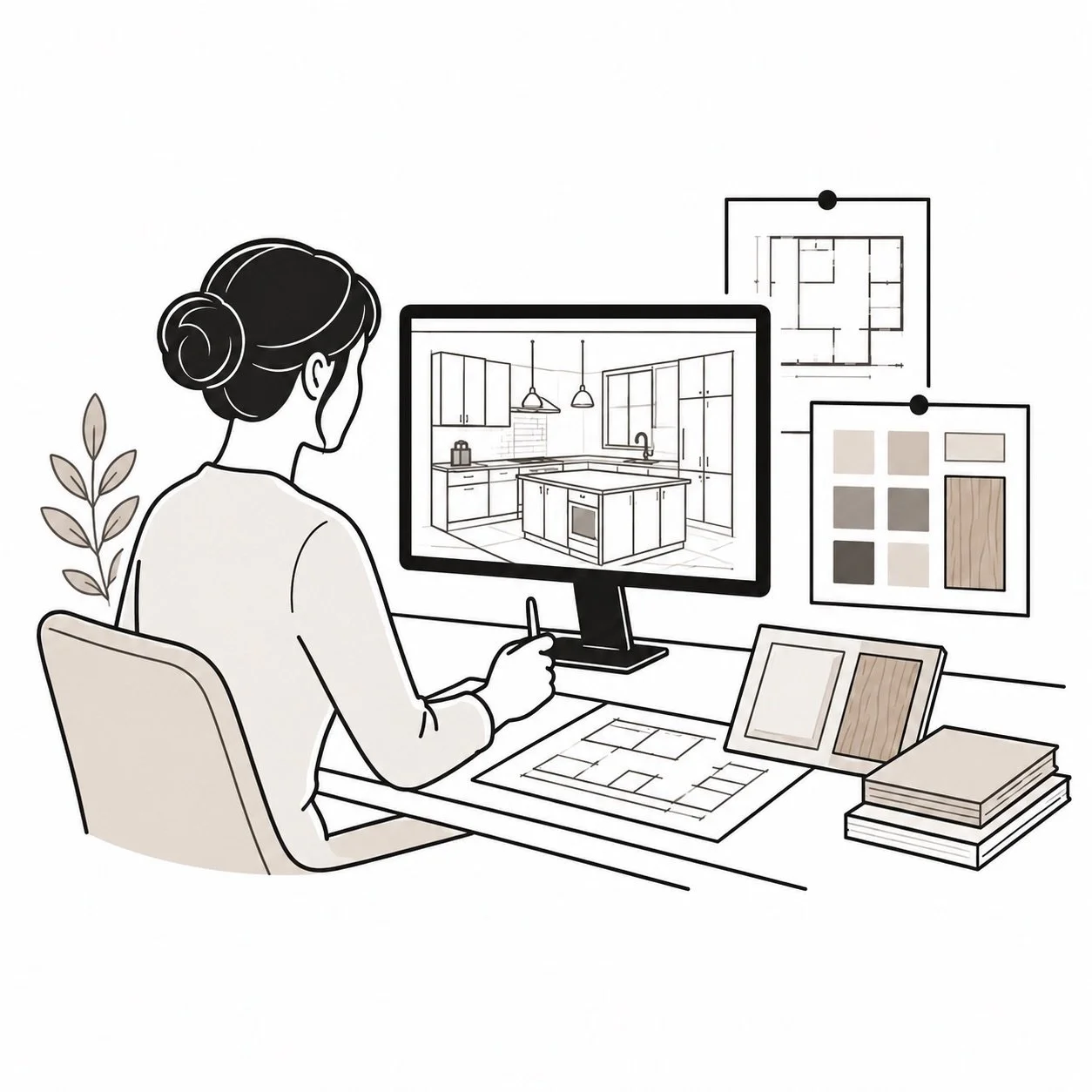 An architect working at a desk designing a kitchen on a computer, with color and floor material samples on display.