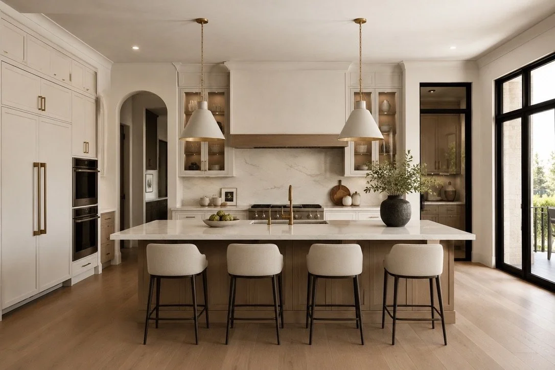 Modern kitchen with a large island, four barstools, pendant lighting, built-in appliances, and large windows opening to a balcony.