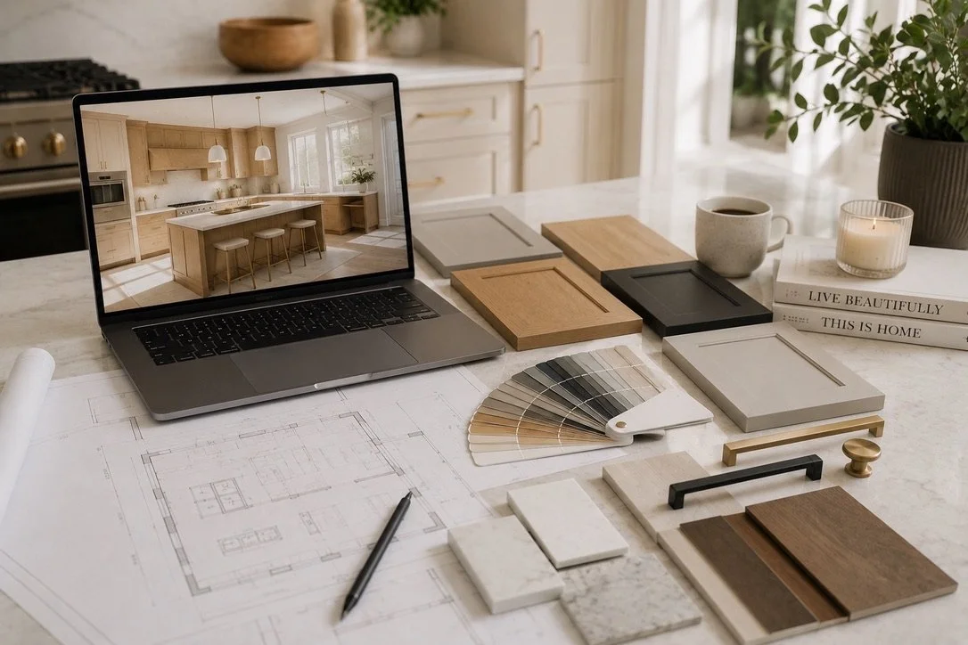 A workspace with a laptop displaying a kitchen design, sample wood and cabinet materials, color swatches, notebooks, a pen, a mug, a candle, and a potted plant on a marble countertop.