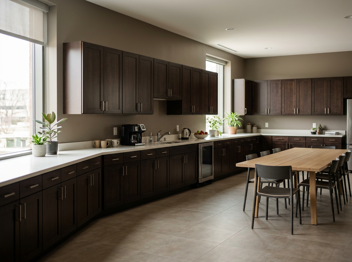 Modern kitchen with dark wood cabinets, light-colored countertops, and a wooden dining table with black chairs. There are plants and small appliances on the counters, including a coffee maker, kettle, and bowls of fruit. Large windows let in natural light.
