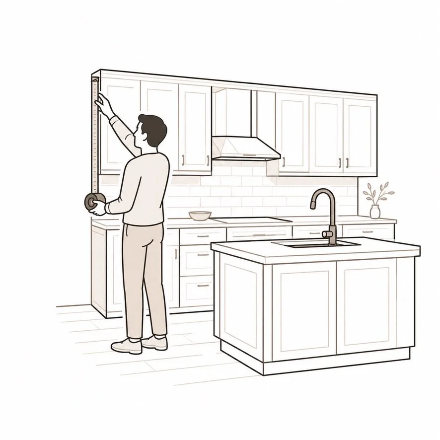 Line art illustration of a man hanging a picture on the kitchen wall with a tape measure, kitchen includes upper and lower cabinets, a stove hood, a bowl, a sink in an island, a plant, and a backsplash.