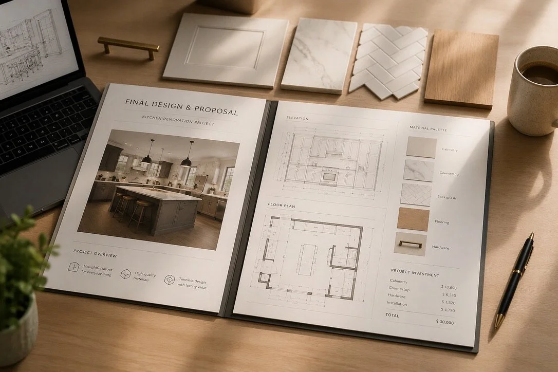 Open design proposal book for a kitchen renovation project, showing a photo of a modern kitchen, floor plan, elevation drawing, material palette, and project investment details on a wooden desk with a laptop, sample tiles, small plant, pen, and coffee mug.
