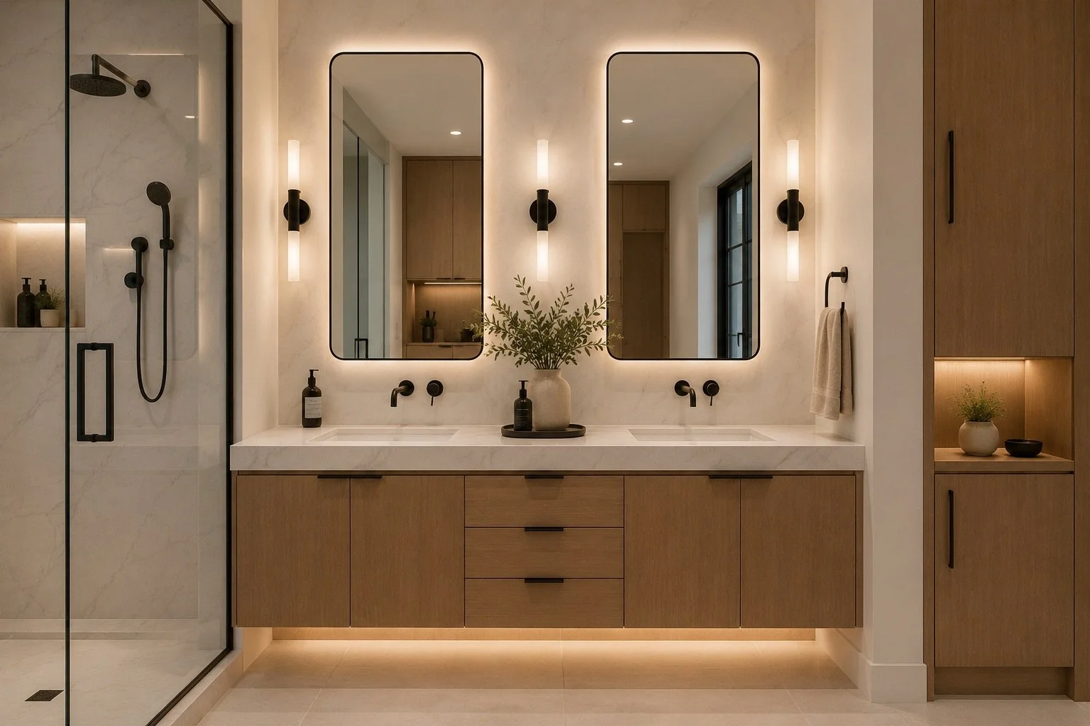 Modern bathroom with a double vanity, two rectangular mirrors with rounded corners, wall-mounted black fixtures, a walk-in shower with a glass door, and minimalist decor including a plant in a vase and small decorative items.