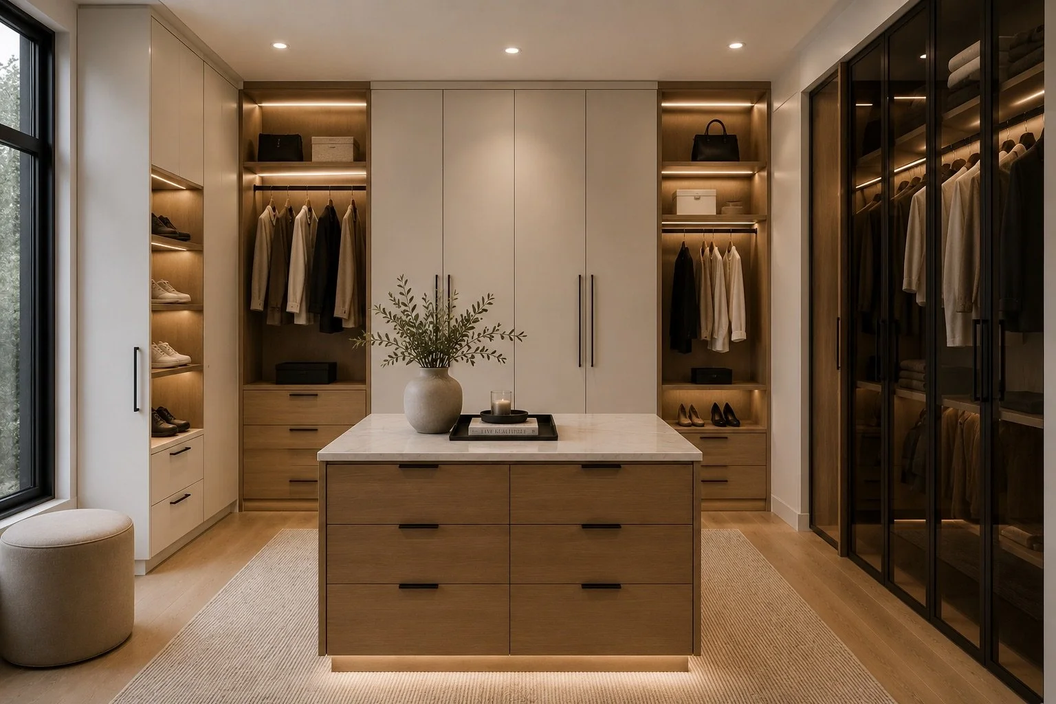Modern walk-in closet with wooden and glass cabinetry, a central island with drawers, and a marble top. Contains hanging clothes, shelves with shoes and boxes, and decorative accessories like a plant, candle, and books.