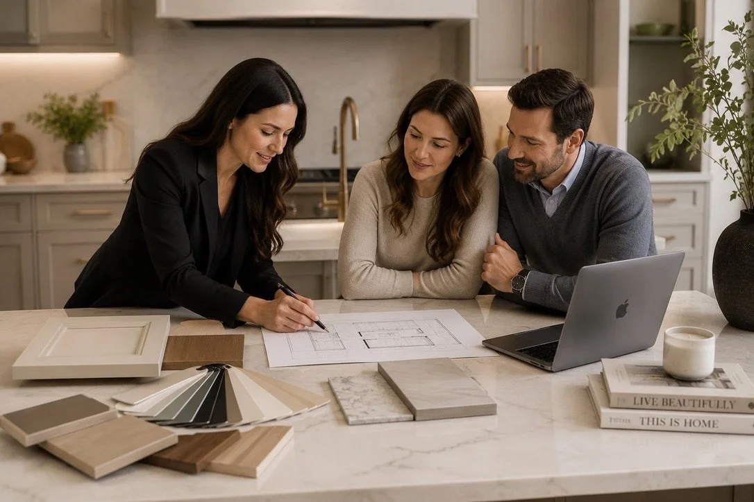 A woman is showing color and material samples to a couple at a kitchen counter, which also has a laptop, books, and design plans.