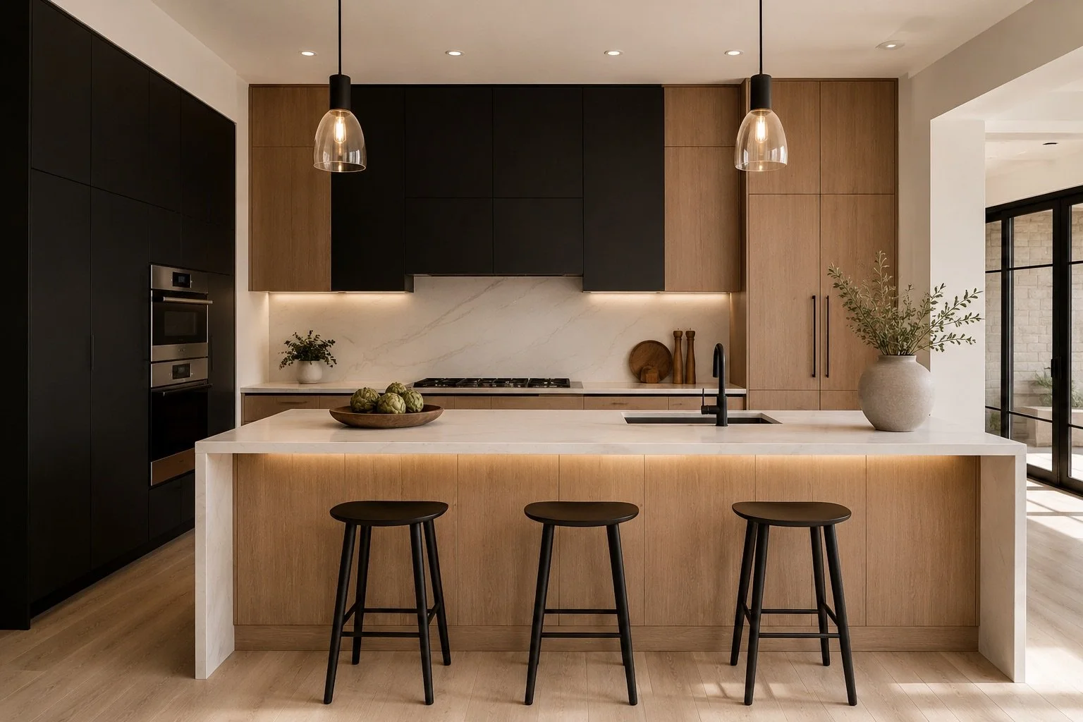 Modern kitchen with wooden and black cabinetry, white marble backsplash, white countertops, three black barstools, pendant lights, potted plant, and decorative items.