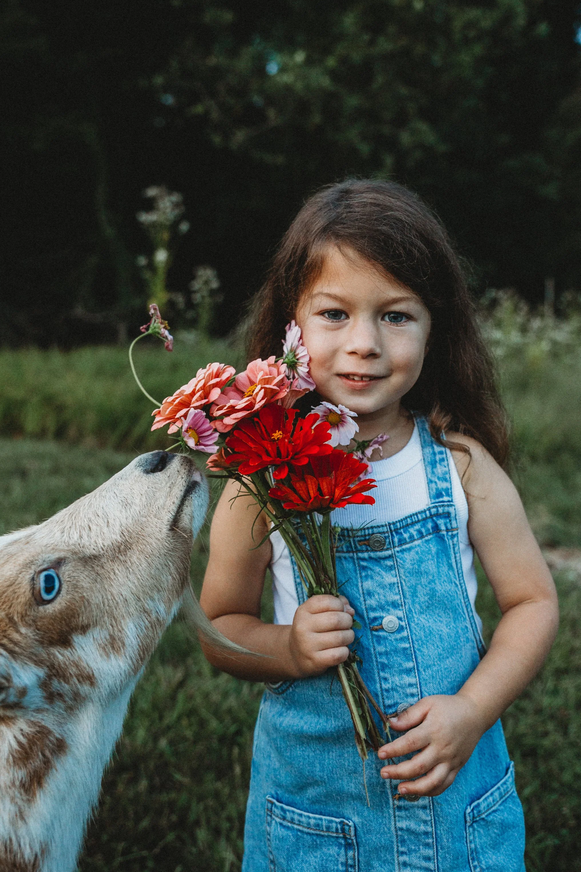 A young girl with brown hair and blue eyes holding a bouquet of colorful flowers while a dog sniffs the flowers in front of her outdoors.