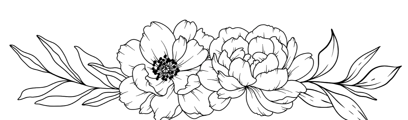 Outline drawing of two peony flowers with leaves.