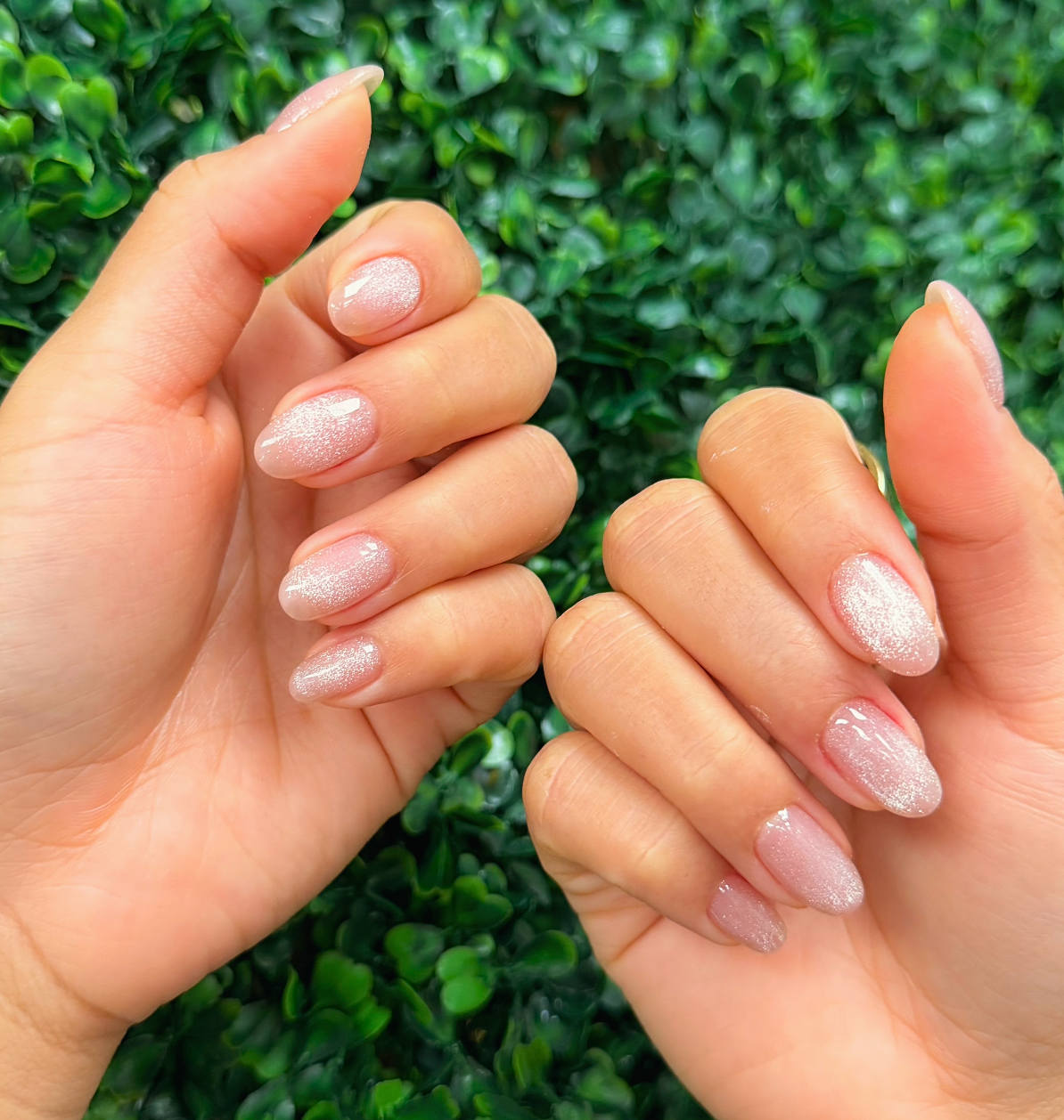 Close-up of hands with manicured nails painted in light pink with glitter, set against a background of green foliage.