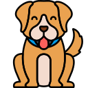 Cartoon illustration of a happy dog sitting, with a blue collar, tan fur, and a smiling face.