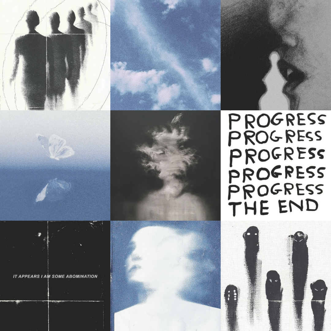 A collage of nine images with different artistic styles, including silhouettes, clouds, butterflies, human faces, and text. The text includes the words "PROGRESS" and "THE END."