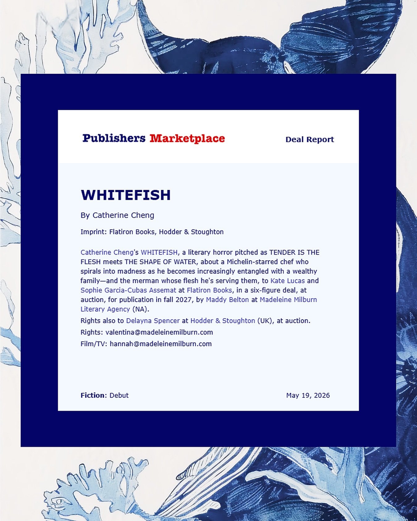 I am so overwhelmed with joy to announce that WHITEFISH 🐟 will be published by @flatiron_books / @hodderbooks (Fall 2027). We are #publishersmarketplace official!
 2.5 years of writing, 6.75 books&hellip;😭🥹💕 It still feels so surreal how this wei