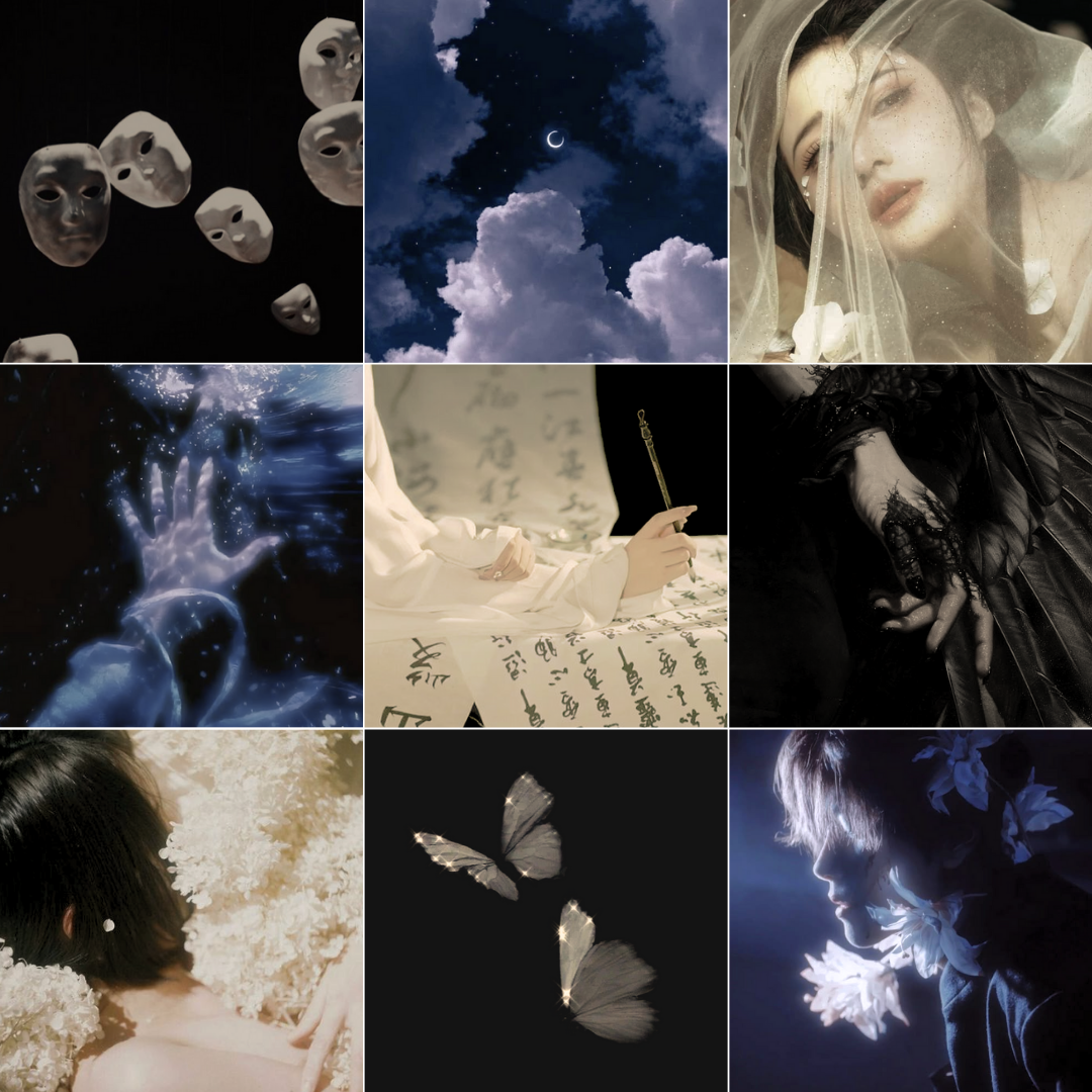 A collage of nine images including: floating white masks in a dark setting, a nighttime sky with clouds and a crescent moon, a woman with dark hair under a veil, a glowing blue hand reaching out, a person writing calligraphy, a hand with lace gloves on black fabric, a person with short hair surrounded by flowers, two glowing butterflies, and a woman with skull-like makeup holding flowers.