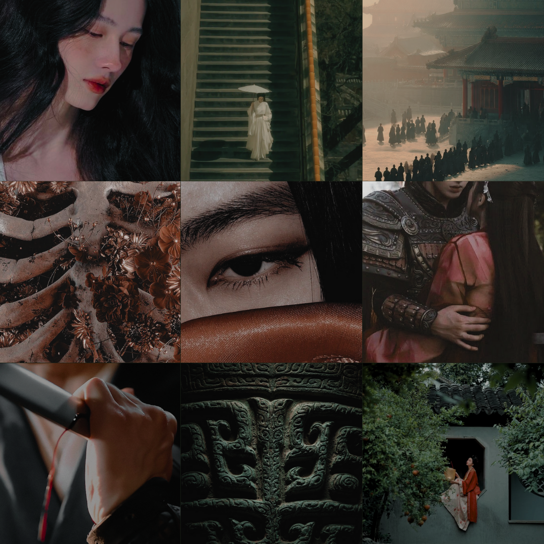 Collage of nine images including a woman with long black hair, a person in traditional white attire with a parasol walking down stairs, a temple scene with people, dried flowers, a close-up of a woman's eye, a person in armor, a hand holding a sword, intricate ancient stone carving, and a woman in traditional clothing among trees holding a book.