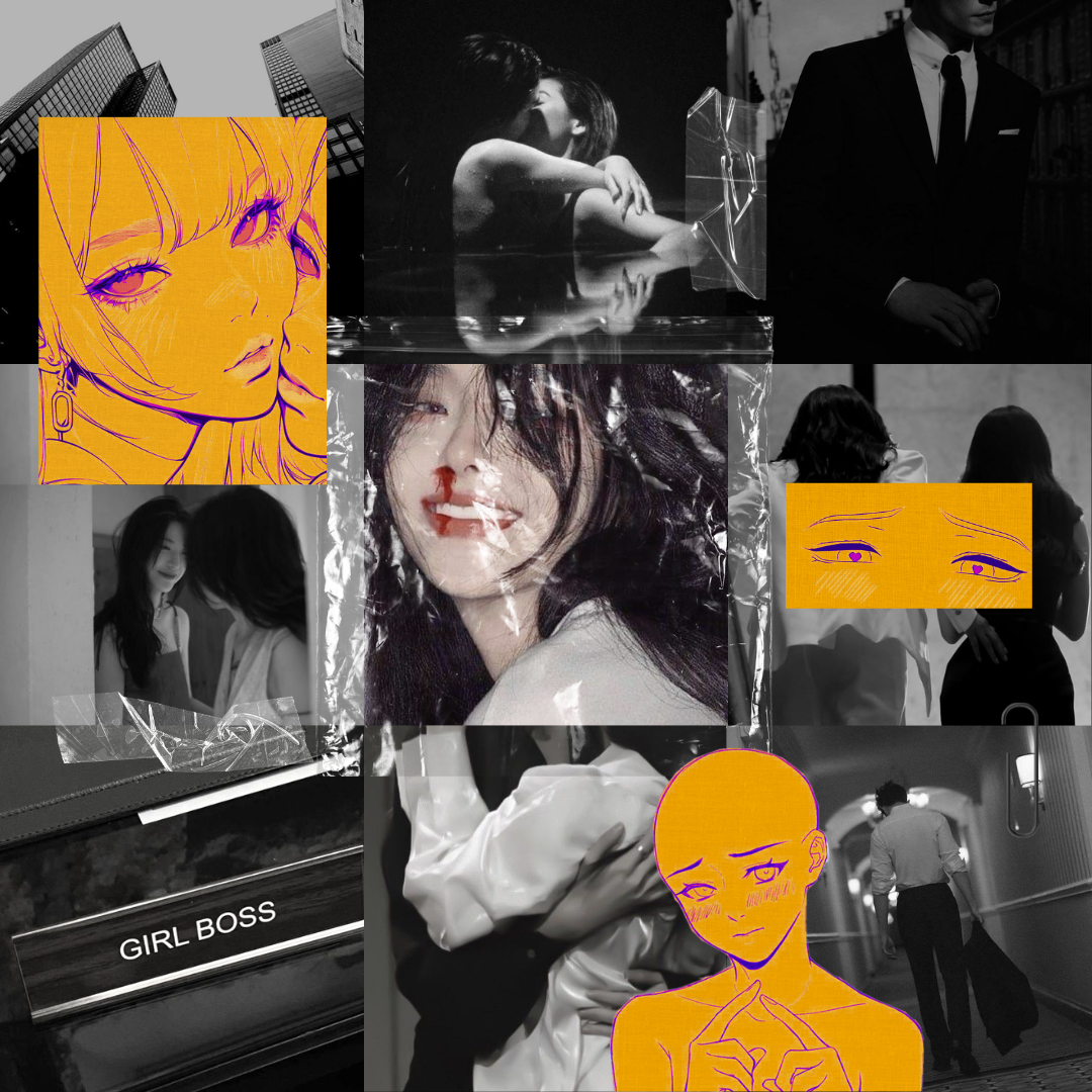 Collage of black and white and color images featuring women, a man in a suit, city buildings, and artistic drawings of female faces with expressive eyes, some with tears or blushing, and a person walking down a hallway, along with a notebook labeled "Girl Boss."