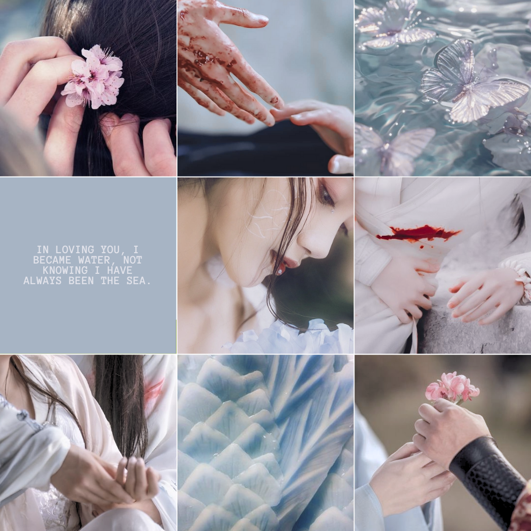 A collage of nine images including close-ups of hands, flowers, water with butterflies, and a woman with a poetic quote about love and the sea.