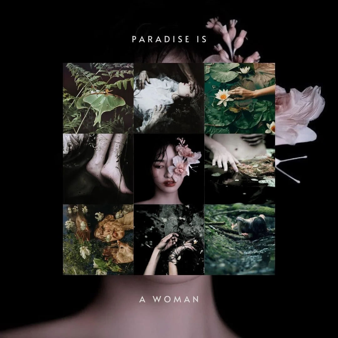 Collage of nine photos featuring a woman and nature elements such as water lilies, leaves, and water, with text 'Paradise is a woman'.