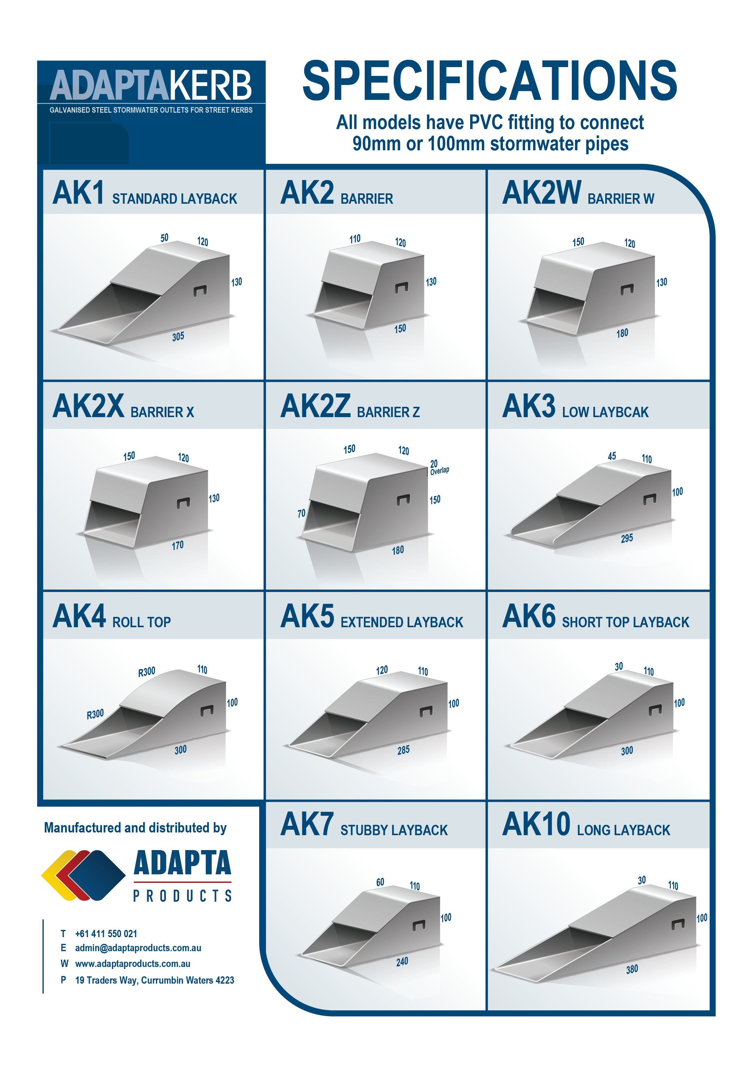 A product catalog for Adaptakerb galvanized steel stormwater outlets for street kerbs, featuring different models with specifications and dimensions.