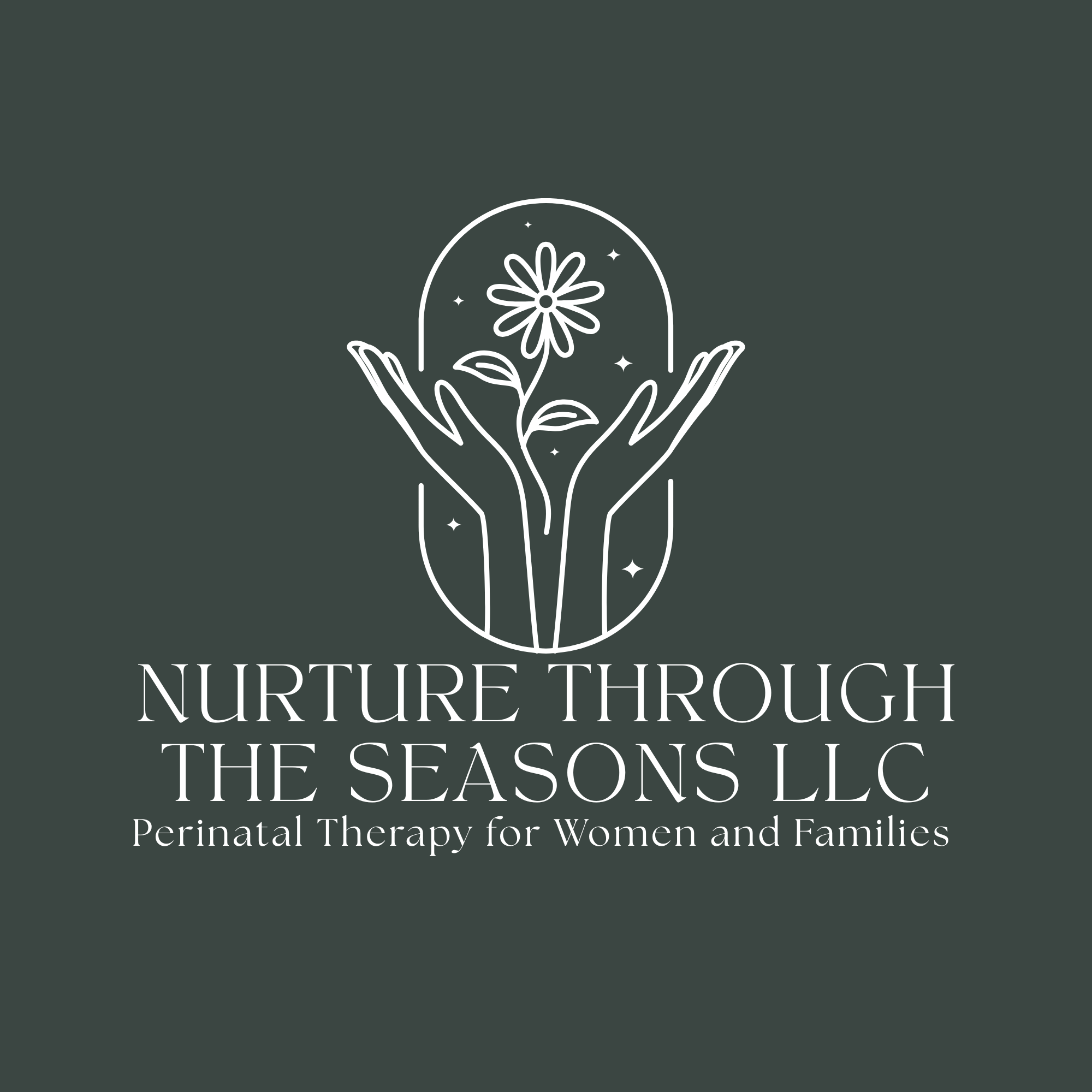 Logo for 'Nurture Through the Seasons LLC,' featuring a stylized outline of hands holding a blooming flower inside a circle, with the tagline 'Perinatal Therapy for Women and Families'.