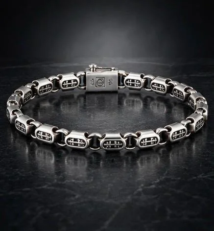 Sterling Silver Oxidised Barrel Link Bracelet