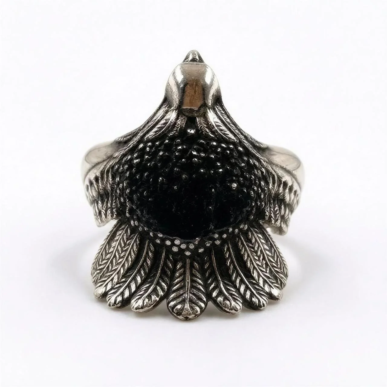 Sterling Silver oxidized peacock/bird ring with black stones