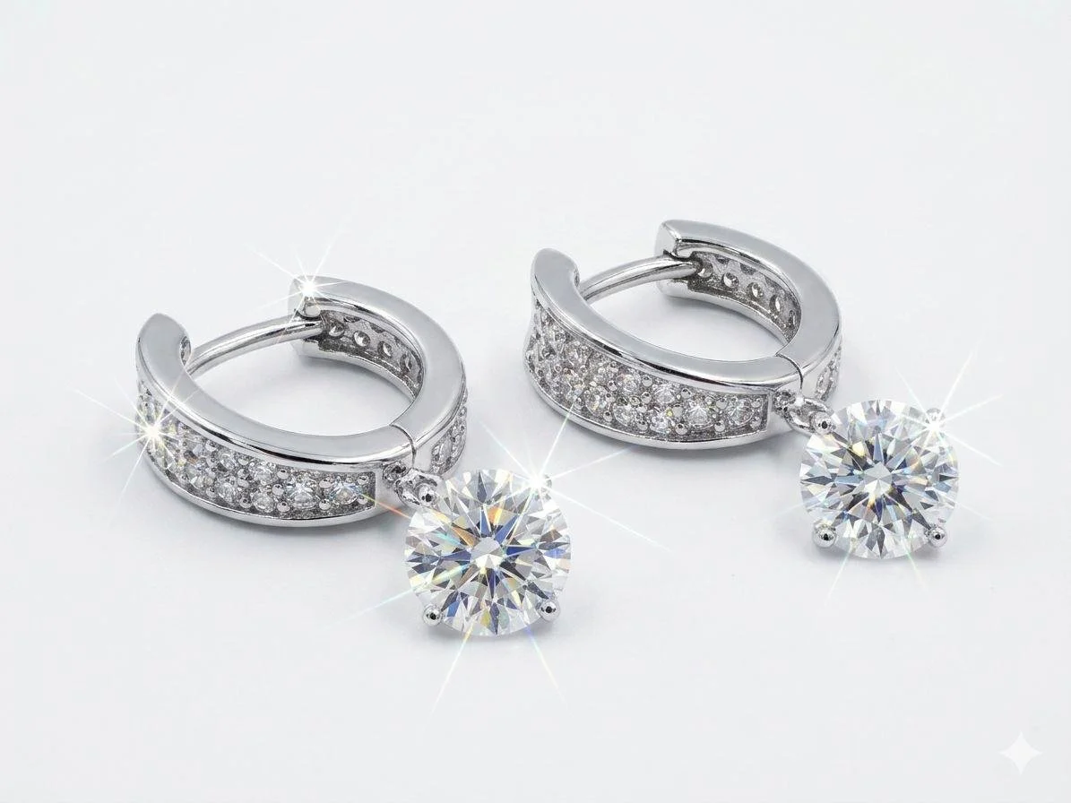Sterling Silver pavé huggies with dangling round drop