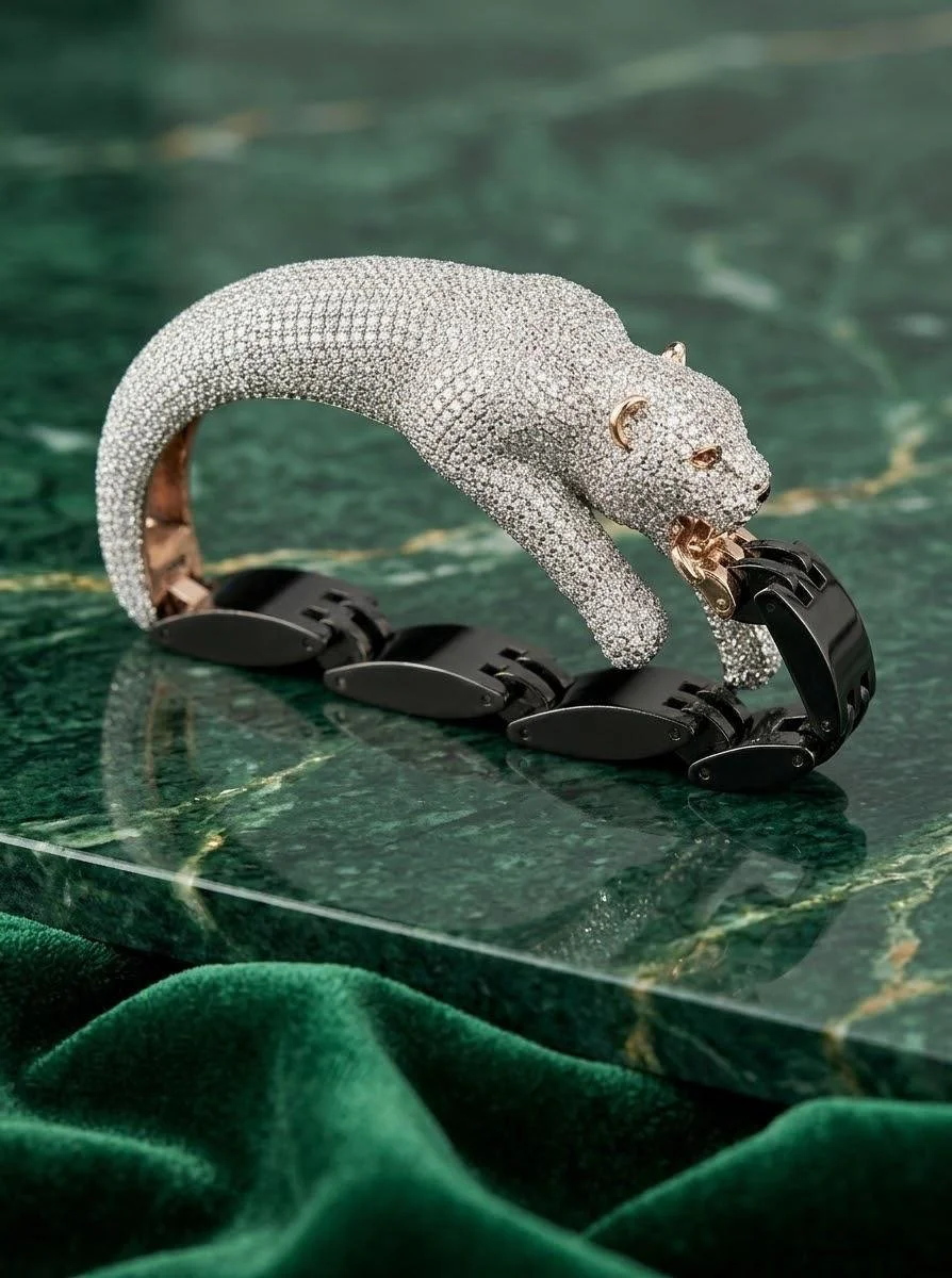 Sterling Silver Crouching Panther Bracelet (Pavé, Rose Gold Accent)