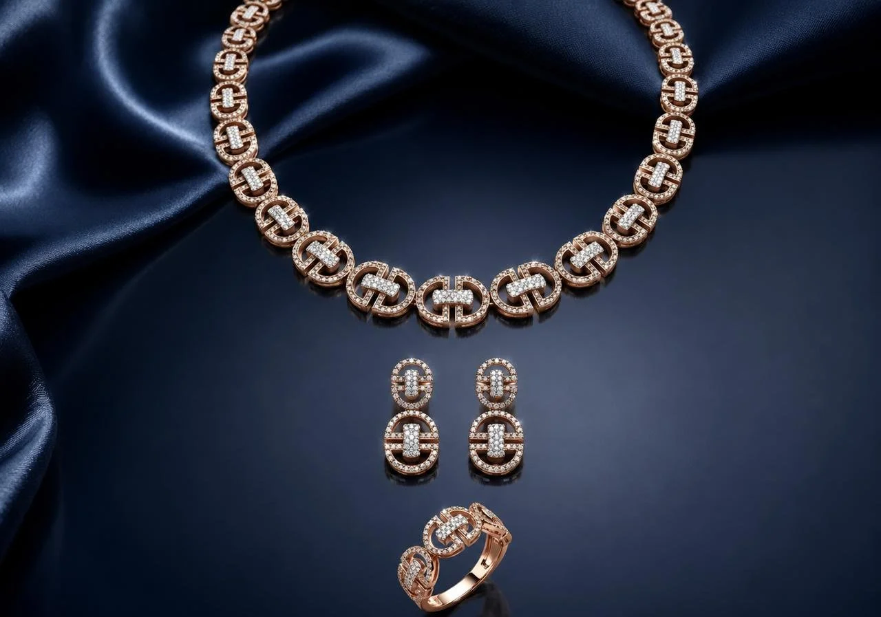 Sterling Silver Mariner/Horsebit Link Necklace Set (Rose Gold Finish)