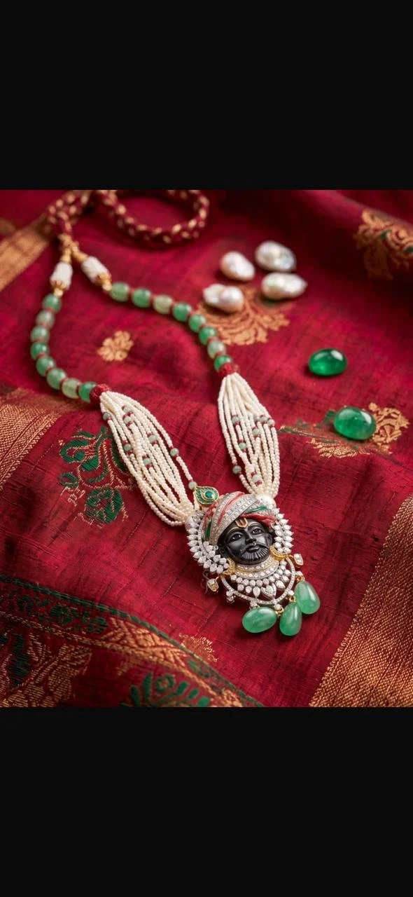 Shrinathji Pendant with Green Bead and Pearl Strands