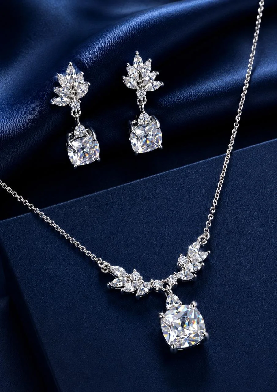 Sterling Silver Cushion-Cut Drop Necklace & Earring Set (Rhodium/White)