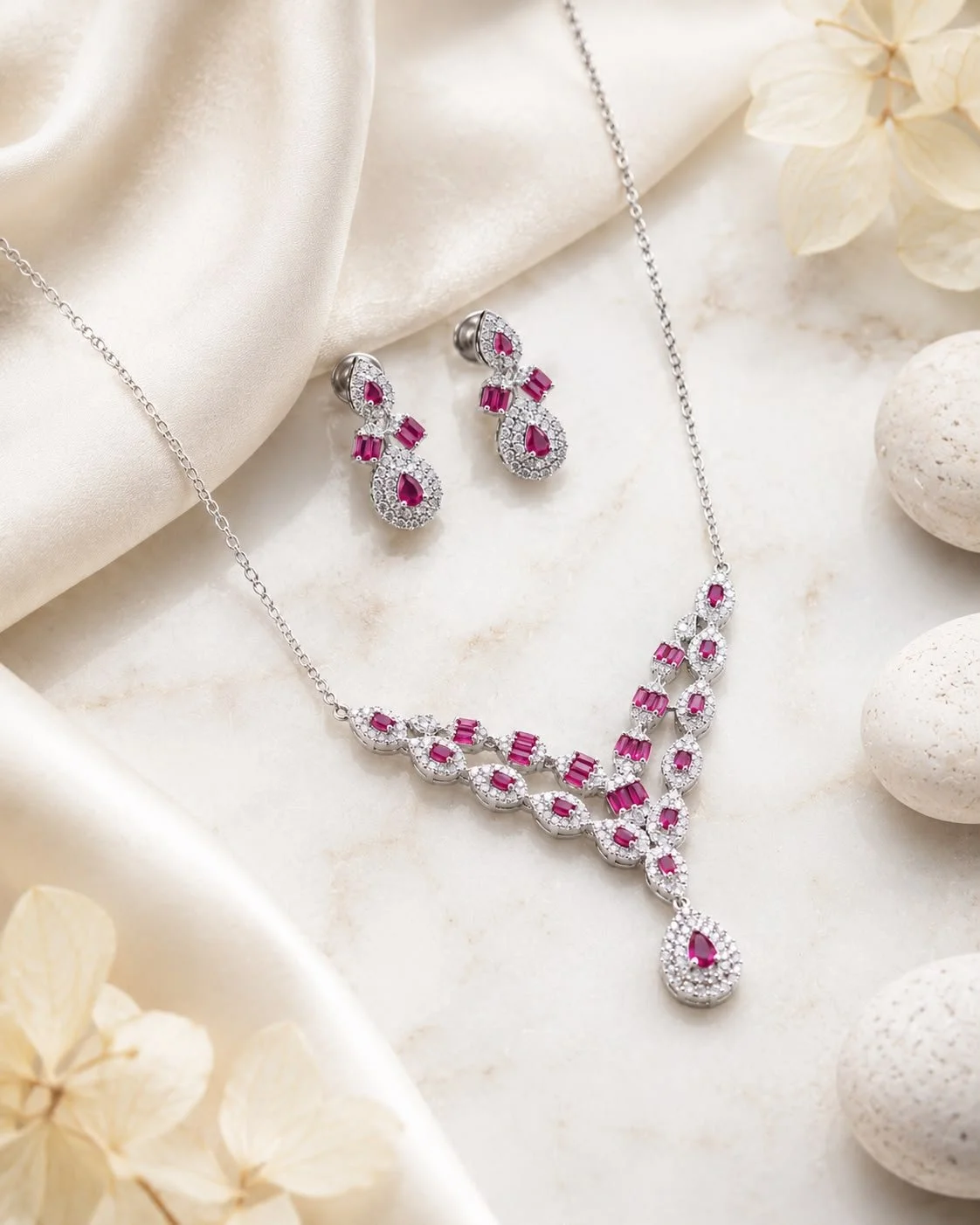 Sterling Silver Ruby Baguette Cascade Necklace & Earring Set