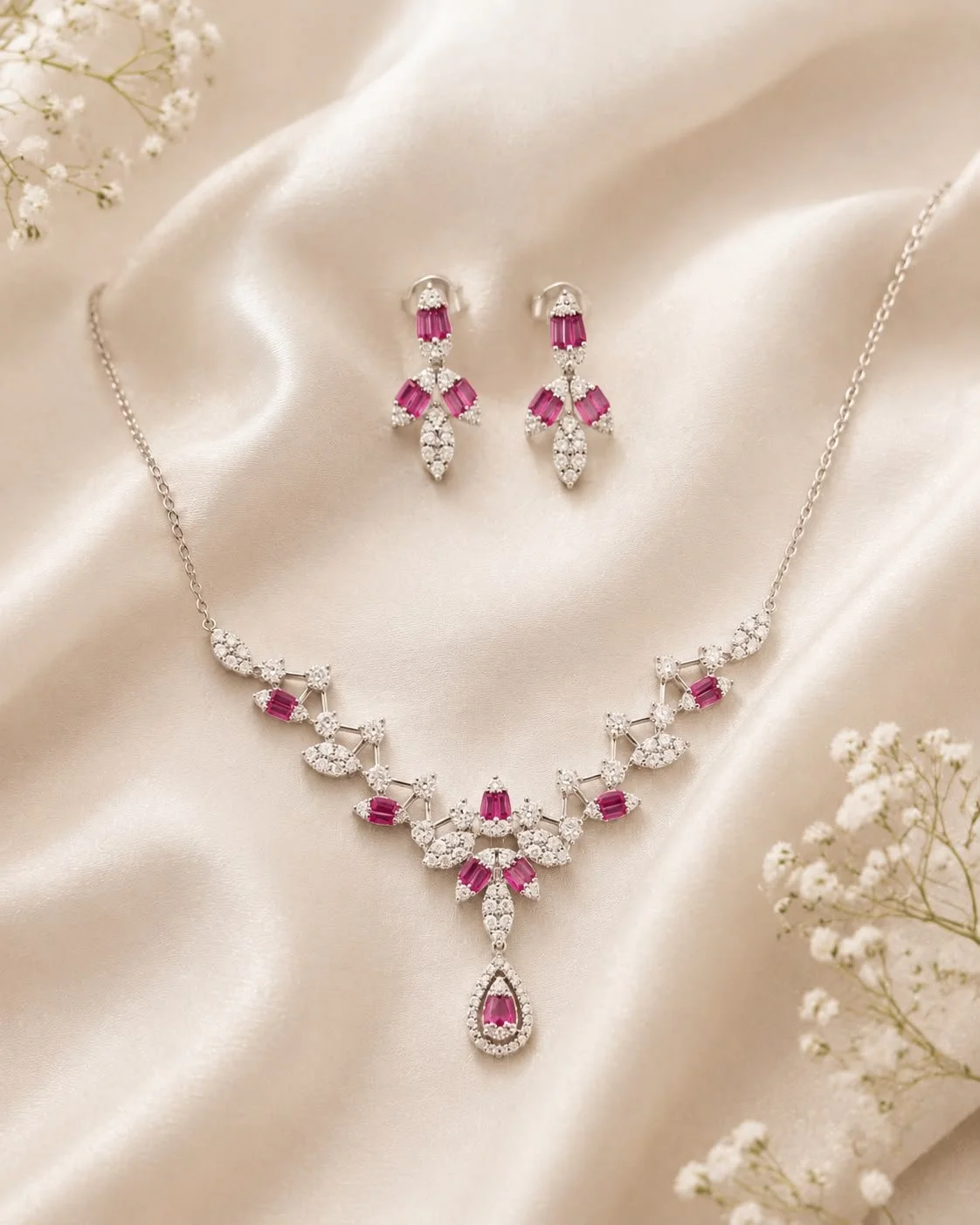 Sterling Silver Ruby Floral Cluster Necklace & Earring Set