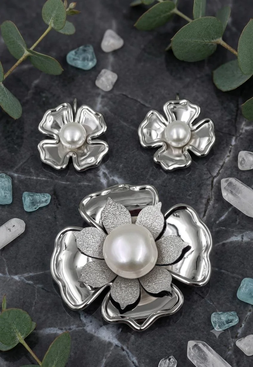 Sterling Silver Pearl Flower Necklace & Earring Set (Polished Petals)