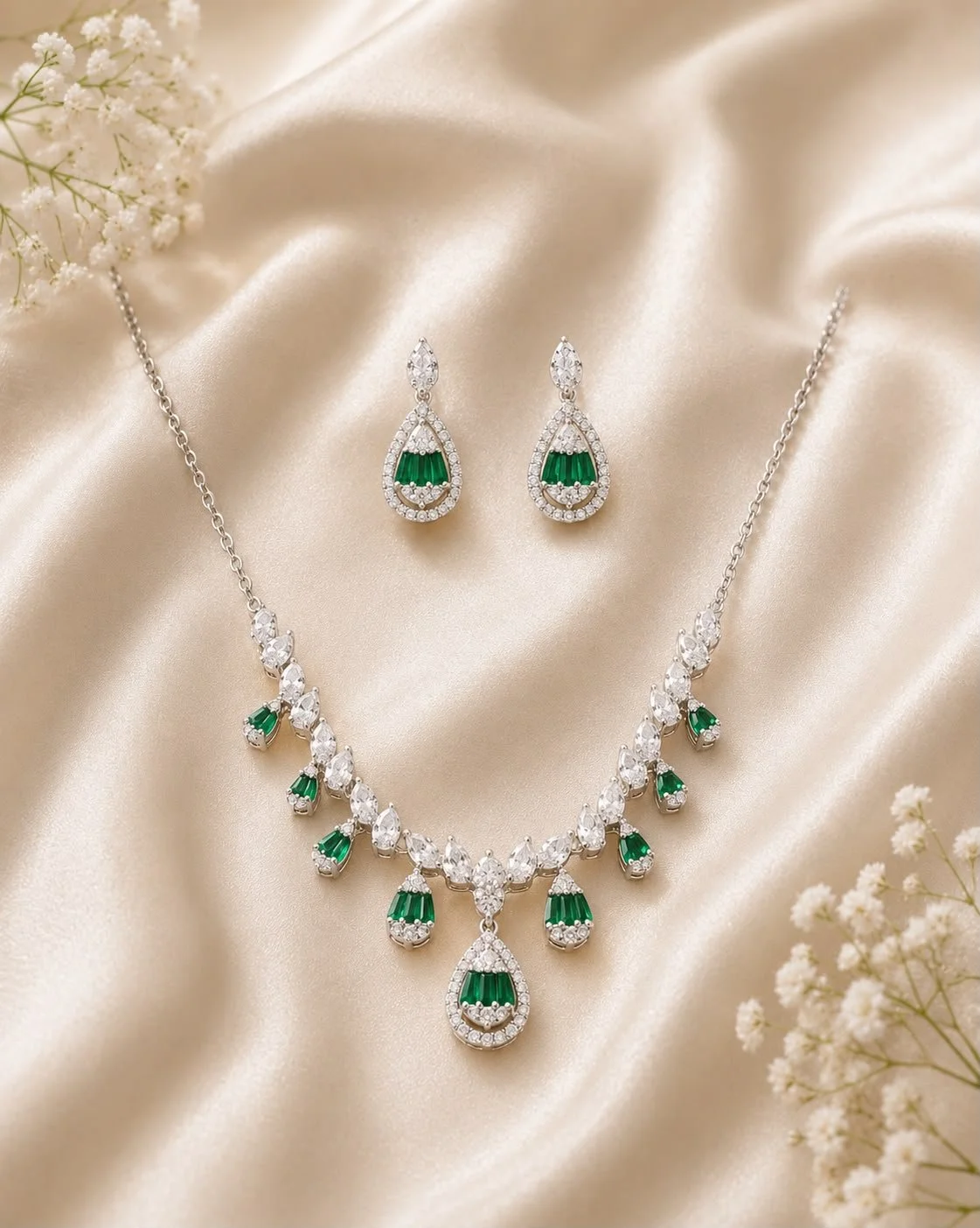 Sterling Silver Emerald Teardrop Drop Necklace & Earring Set