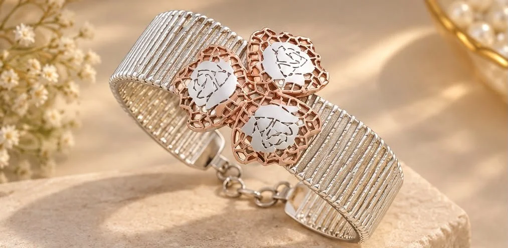 Sterling Silver Two Tone Rose Cuff
