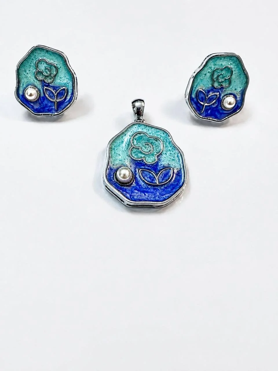 Blue enamel floral pendant + stud earrings set