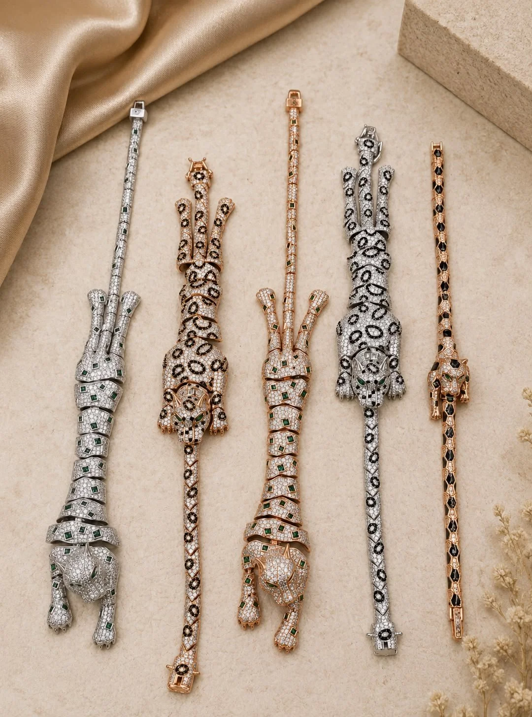 Sterling Silver Articulated Panther Statement Bracelet Collection 1 (Pavé, Mixed Colorways)