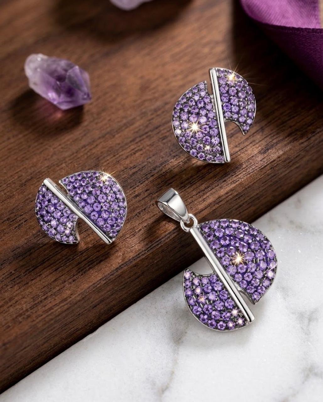 Sterling Silver Amethyst Pavé Disc Necklace & Earring Set